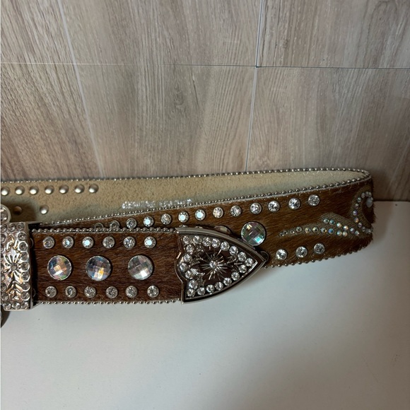 Nocona Genuine Leather Calf Hair on Hide Rhinestone Belt Rodeo Western Bling - Picture 4 of 16